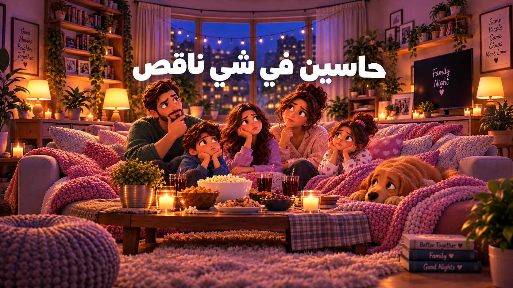 عائلة مجتمعة في ليلة دافئة وتعلوهم عبارة حاسين في شي ناقص