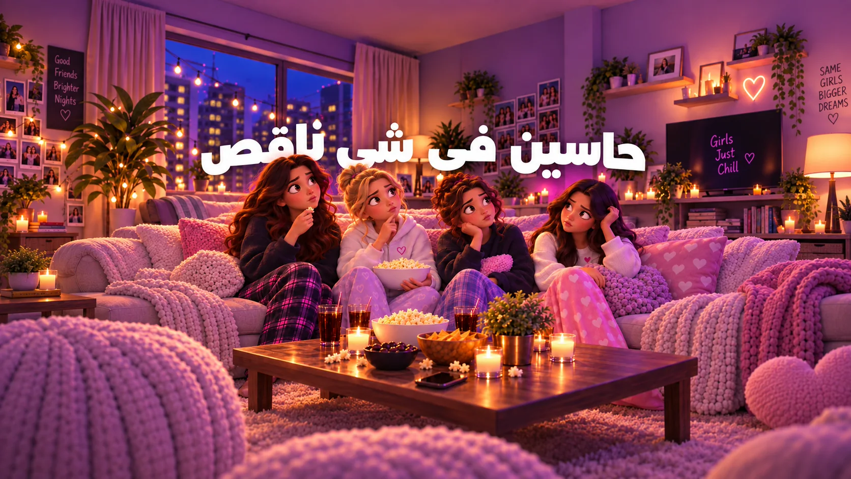 صديقات في سهرة منزلية دافئة وتعلوهن عبارة حاسين في شي ناقص