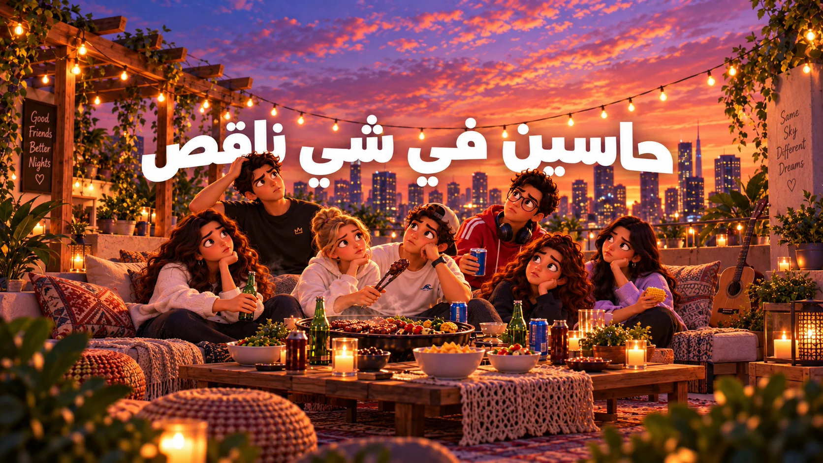 مجموعة أصدقاء في سهرة على السطح وقت الغروب وتعلوهم عبارة حاسين في شي ناقص