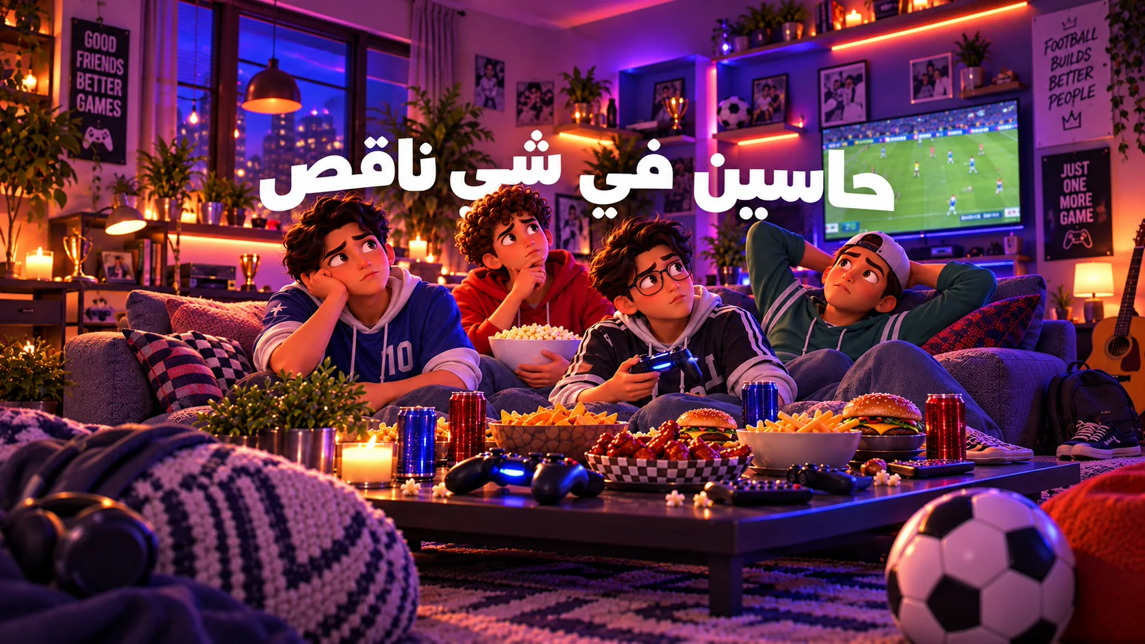 أصدقاء يشاهدون مباراة كرة قدم في سهرة منزلية وتعلوهم عبارة حاسين في شي ناقص